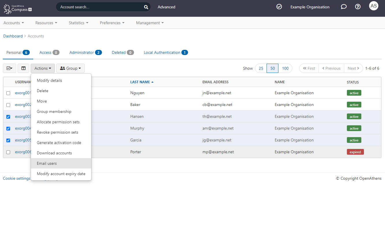 List of user accounts, in which three accounts are ticked. Above the list, the Actions menu is expanded to show available actions. The action 'Email users' is highlighted.