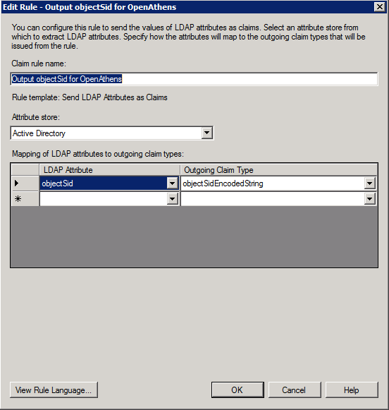 Dialog box titled 'Edit rule - Output objectSid for OpenAthens'. It shows several fields, including a text field called 'Claim rule name'. At the bottom of the window are buttons labeled 'OK' and 'Cancel'.