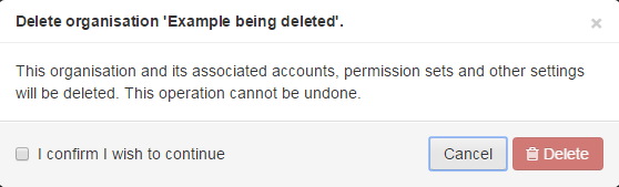Deletion confirmation screen. It displays the message 'This organization and its associated accounts, permission sets and other settings will be deleted. This operation cannot be undone.' There is a check box labeled 'I wish to continue', and buttons labeled 'Delete' and 'Cancel'.