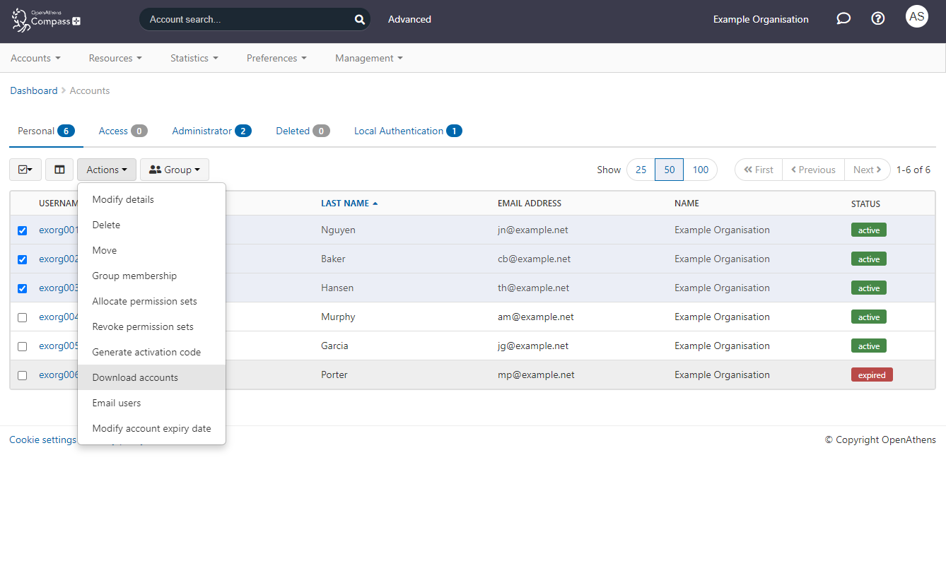 Actions menu, expanded to show the options 'Modify details', 'Delete', 'Move', 'Group membership', 'Allocate permission sets', 'Revoke permission sets', 'Generate activation code', 'Download accounts', 'Email users' and 'Modify account expiry date'.