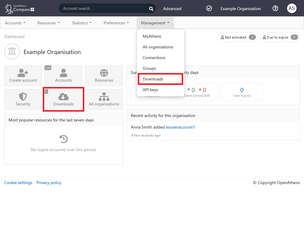Home page of the admin area, showing two ways to access the Downloads page. In the left pane, the Downloads button is highlighted. In the main menu, the top-level menu option Management is open to show the available second-level options, including 'Downloads'.