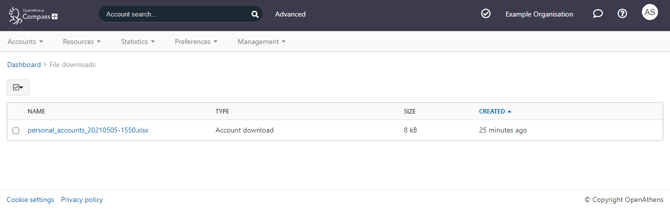 File downloads page, showing generated downloads in the form of a table. The table has four columns - 'Name', 'Type', 'Size' and 'Created'.