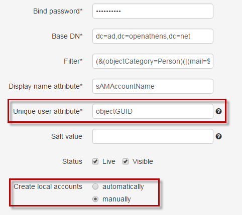 Group of editable fields, in which the fields 'Unique user attribute' and 'Create local accounts' are highlighted. 'Unique user attribute' is a text field, which here is set to 'objectGUID'. 'Create local accounts' can be set to either 'automatically' or manually'.
