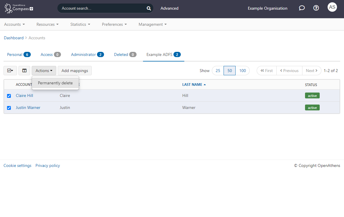 List containing two accounts, both of which are ticked. The action 'Permanently delete' is selected in the Actions menu. 