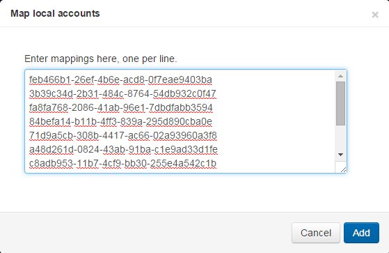 Large text field labeled 'Enter mappings here, one per line'. Each line of the field contains a string of letters, numbers and hyphens. Following this field are buttons labeled 'Add' and 'Cancel'.