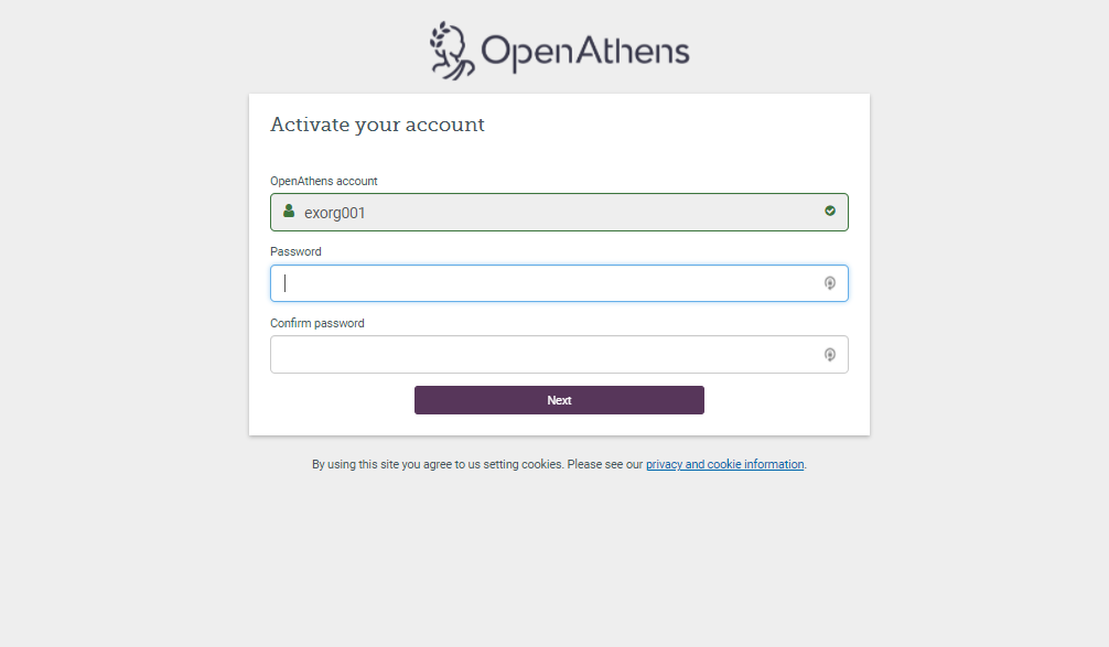 Screen that shows the OpenAthens logo and the heading 'Activate your account'. It has three input fields, 'OpenAthens account', 'Password' and 'Confirm password'. Following these fields is a button marked 'Next'.