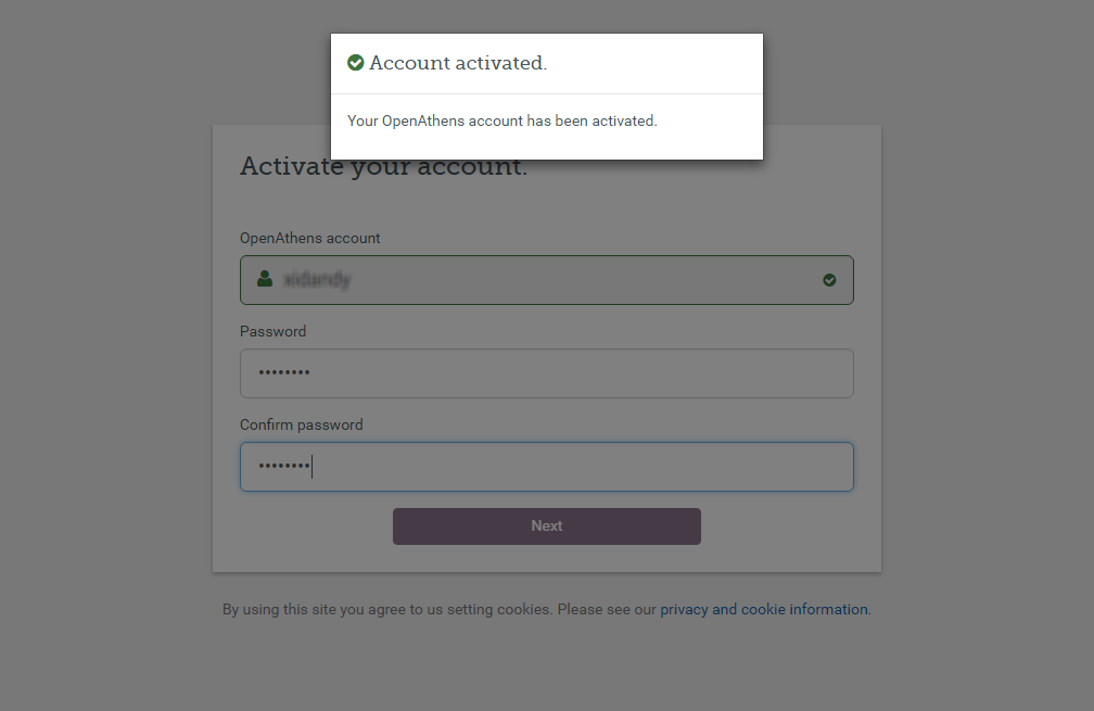 Overlay, displayed on top of the previous activation screen, which reads 'Your OpenAthens account has been activated.'