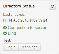 Panel titled 'Directory Status'. It logs the date on which a check was last run, and shows green ticks against the checkpoints 'Connection to server' and 'Bind'. There are buttons to test 'Login' and 'Mappings', as well as a button to refresh the status.