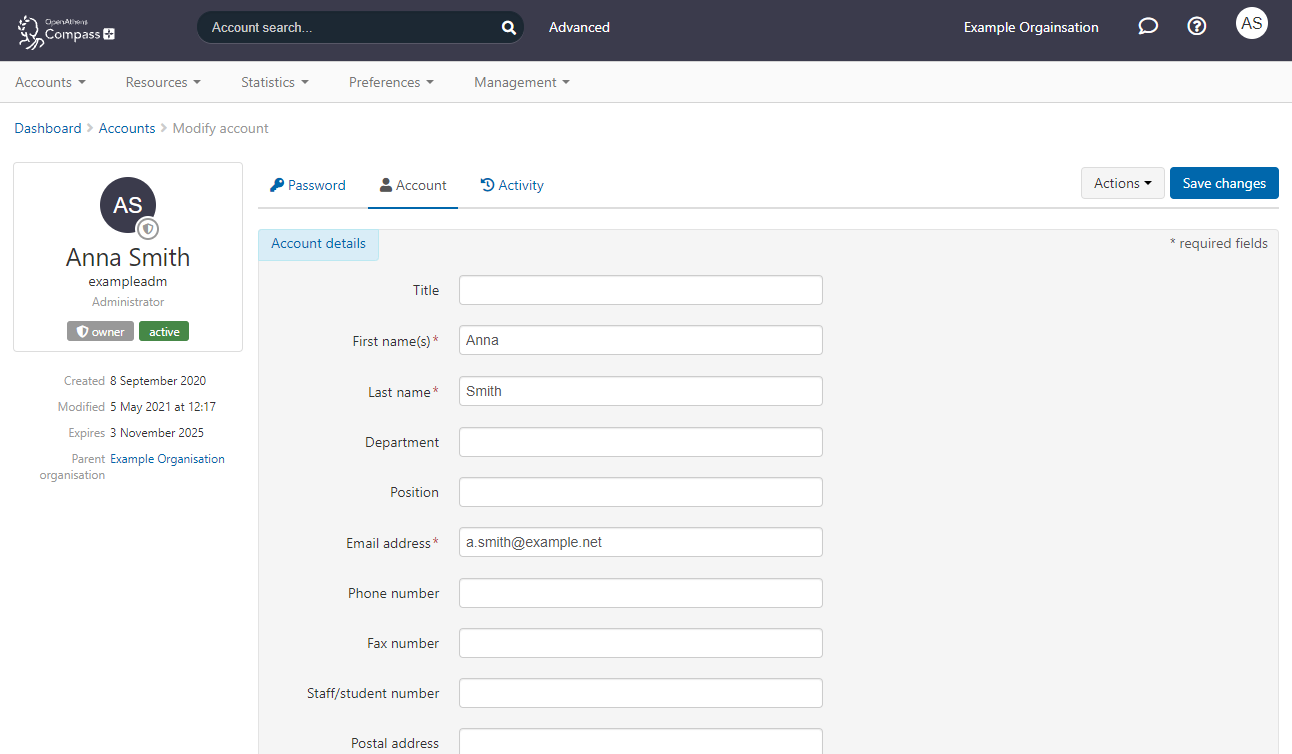 Screenshot. Account tab for an example administrator user called Anna Smith. Several input fields are shown, including 'Title', 'First names', 'Last name', 'Department', 'Position', 'Email address', 'Phone number', 'Fax number', and 'Staff or student number'.