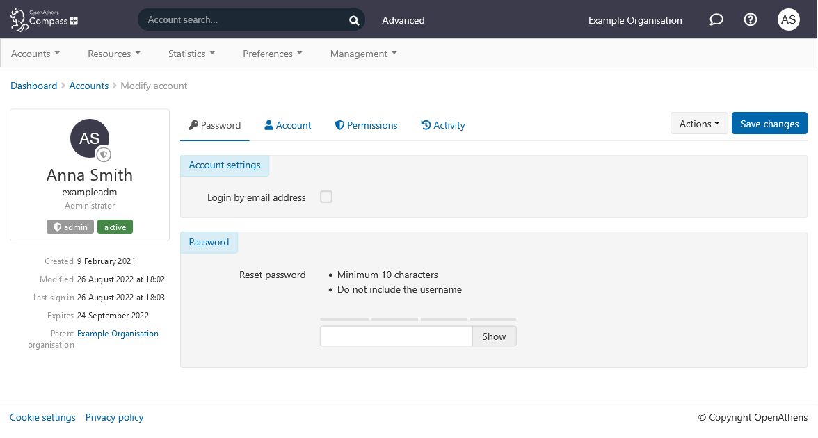 Screenshot. Account password tab for an example administrator user named 'Anna Smith'. Under the heading 'Account settings' is a check box labeled 'Login by email address', which is not ticked. Under the heading 'Password' is a text input field labeled 'Reset password'. Advisory text notes that a password must be at last 10 characters long and must not include the user's username.