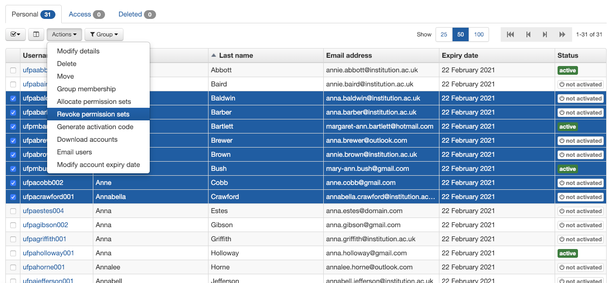 List of user accounts, in which several accounts are ticked. The 'Actions' menu is open to show available actions. The action 'Revoke permission sets' is highlighted.