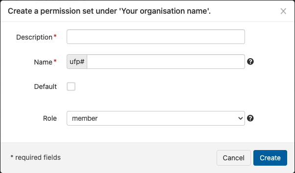Pop-up window titled 'Create a permission set'. It contains two text fields, 'Description' and 'Name', both of which are marked as mandatory. There is also a check box labeled 'Default' (currently not ticked) and a drop-down list labeled 'Role'. At the bottom of the window are buttons marked 'Create' and 'Cancel'.