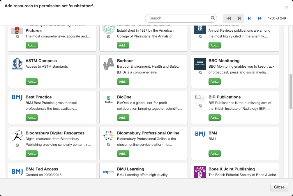 Pop-up window titled 'Add resources to permission set (name)'. It displays a list of resources. Following the name and description of each resource is an 'Add' button.