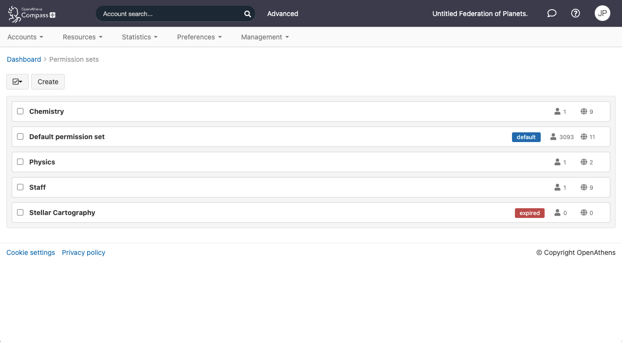 List of permission sets. One is called 'Default permission set' and has a 'default' label. Others are called 'Chemistry', 'Physics', 'Staff' and 'Stellar cartography' (the last is marked 'expired'). Beside each permission set are the numbers of users and resources to which it is assigned. There is also a button labeled 'Create'.