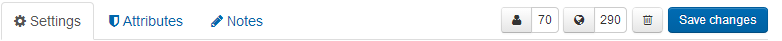 Button bar on the top of the 'Settings' tab. It shows an 'Allocated to users' button, alongside which is the number of users who have this permission set, and a 'Resources allocated' button, which also displays a number. There are also buttons marked 'Delete' and 'Save changes'.