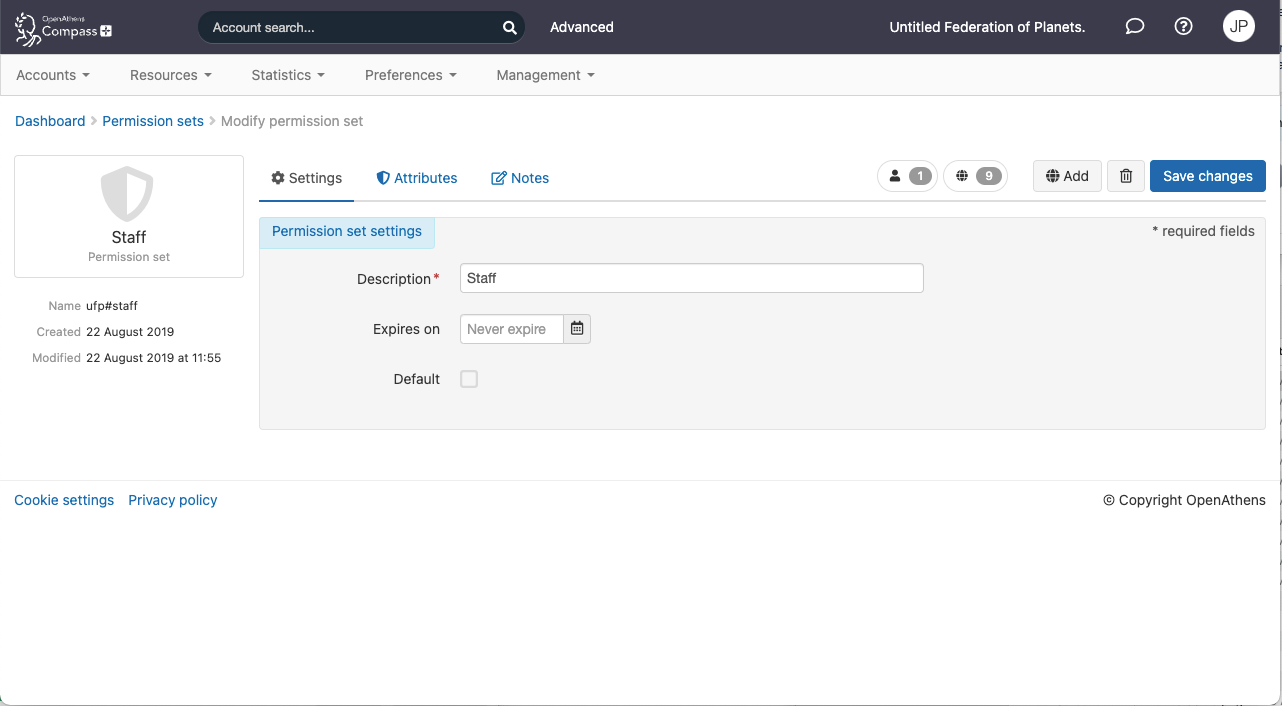 'Modify permission set' screen, open at the 'Settings' tab. There is a text field labeled 'Description', which currently reads 'Staff'. This is followed by a date field called 'Expires on', which is set to 'Never expire', and a check box labeled 'Default', which is not ticked. At the top of the tab is a button labeled 'Save changes'.