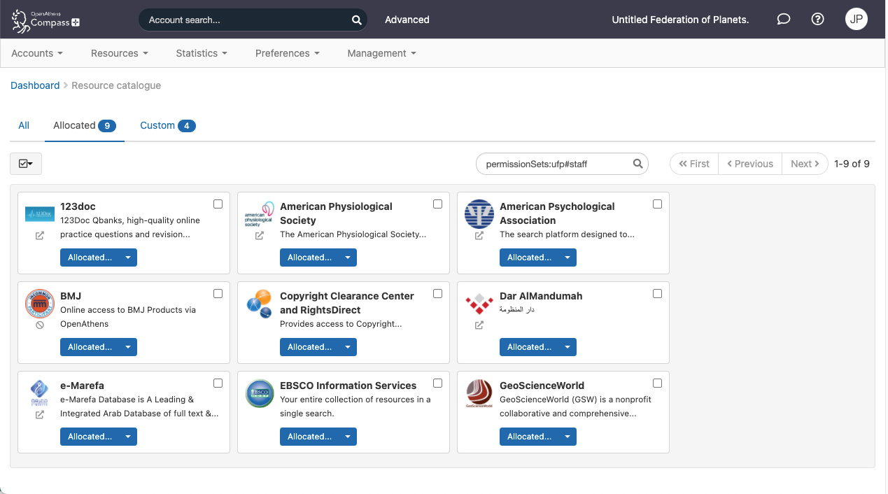 List of resources allocated to a specified permission set.