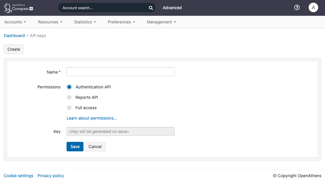 Options for creating a new API key. There is a mandatory text field called 'Name'. Following that is a set of radio buttons called 'Permissions', which can be set to 'Authentication API', 'Reports API' or 'Full access'. There is also a non-editable field called 'Key', which shows the message 'Key will be generated on save'. At the bottom are buttons marked 'Save' and 'Cancel'.