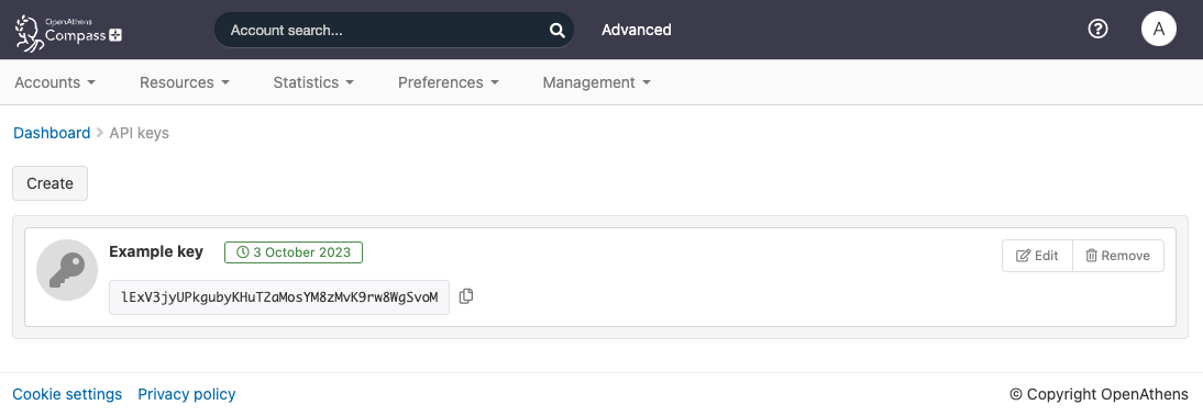 An example key in the list of existing keys, showing options to 'Edit' and 'Remove'.