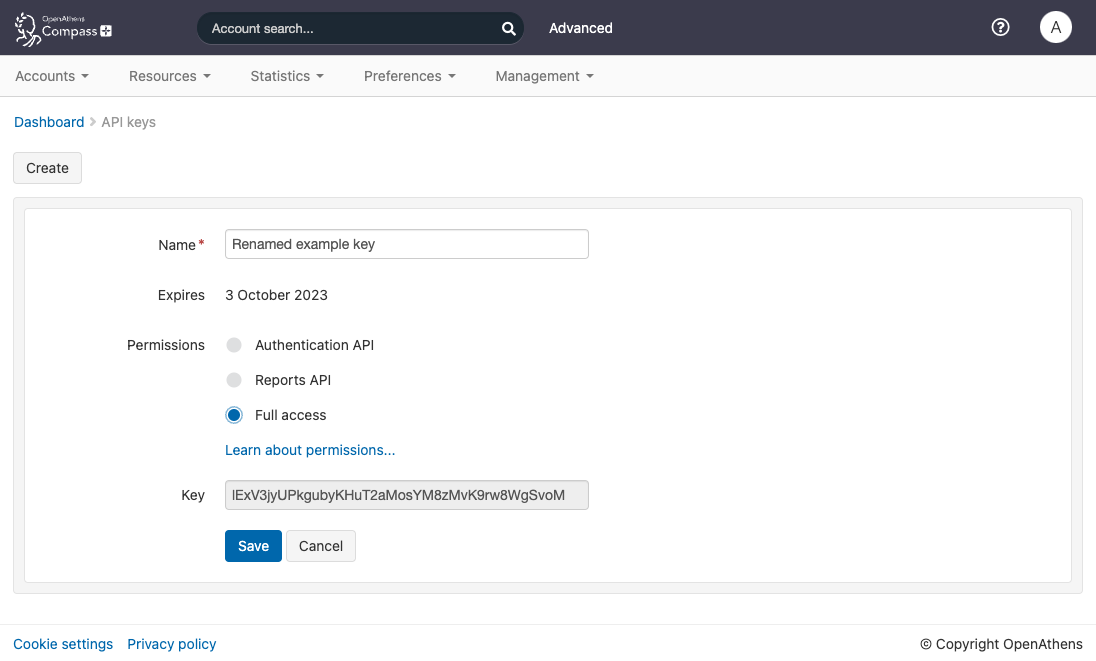 Details of the key. The 'Name' field and 'Properties' setting are editable. The 'Expires' date and the automatically generated 'Key' field are not editable. At the bottom are buttons marked 'Save' and 'Cancel'.