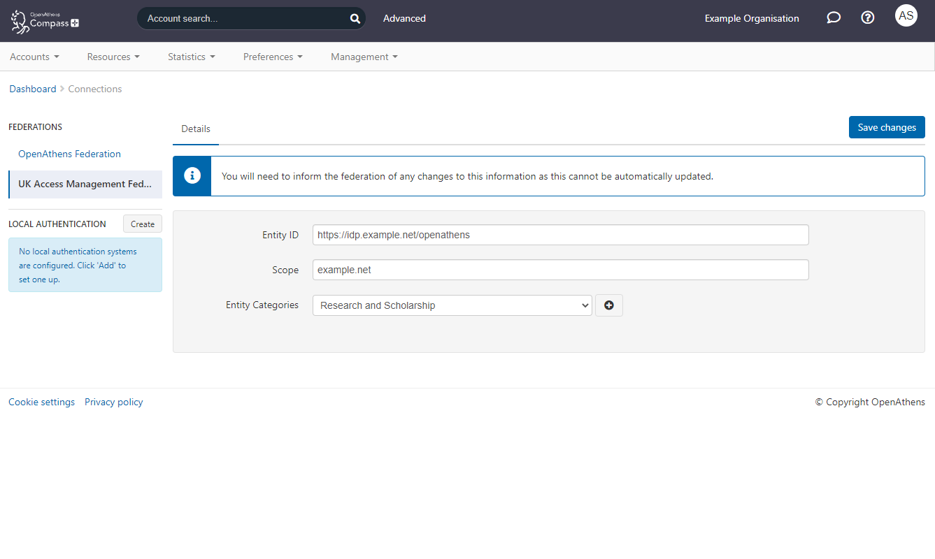 Connections page. In the left sidebar are two subheadings - 'Federations', under which are listed 'OpenAthens Federation' and 'UK Access Management Federation', and 'Local authentication', which shows the message 'No local authentication systems are configured'. The 'UK Access Management Federation' is selected in the list. The main content area shows editable details of this federation, including its entity ID, scope, and entity categories. At the top of the screen is a button labeled 'Save changes'.