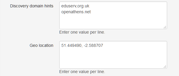 Two large text fields. The field 'Discovery domain hints' contains two domain names, typed on separate lines. The field 'Geo location' contains latitude and longitude coordinates.