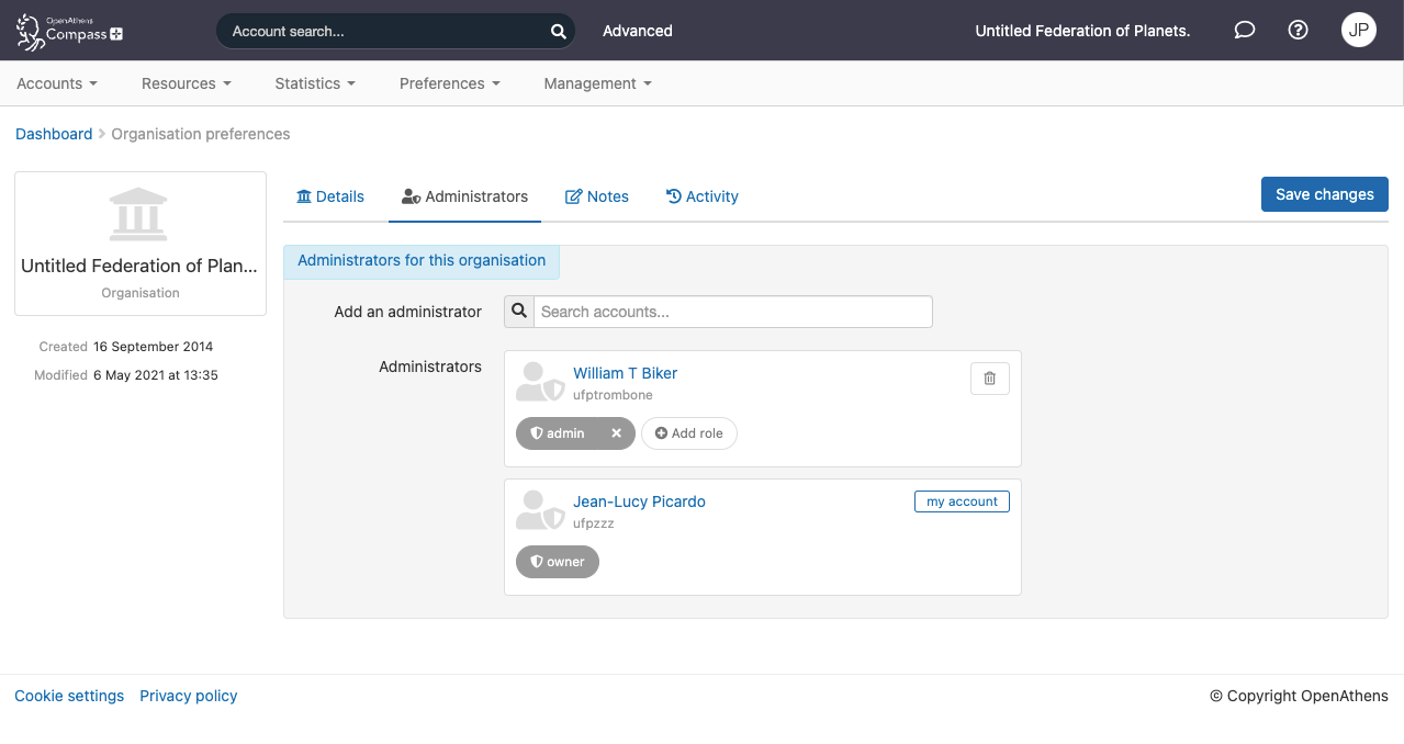 Administrators tab for an organization. It displays a list of current administrators, as well as the option to add an administrator by searching for existing users. At the top of the page is a button labeled 'Save changes'.