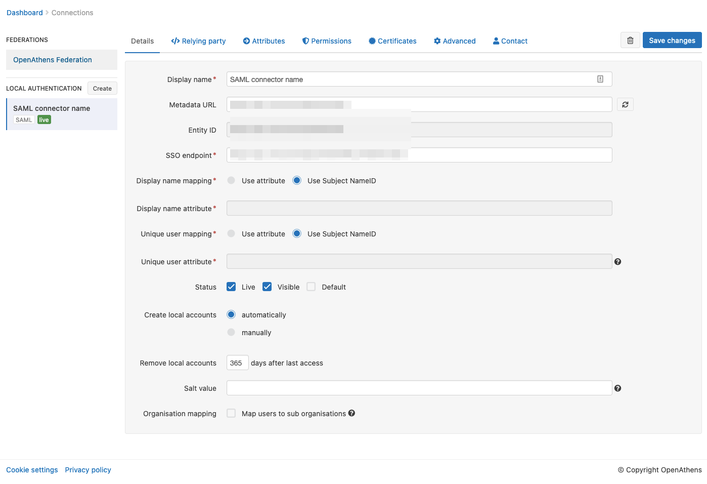 Details tab of a local authentication connection. It includes the fields 'Display name', 'Metadata URL', 'Entity ID', 'SSO endpoint', 'Display name mapping', 'Display name attribute', 'Unique user mapping', 'Unique user attribute', 'Status', 'Create local accounts' (which can be set to 'automatically' or 'manually'), 'Remove local accounts' (after a specified time period), 'Salt value' and 'Organization mapping'. At the top of the page is a button labeled 'Save changes'.