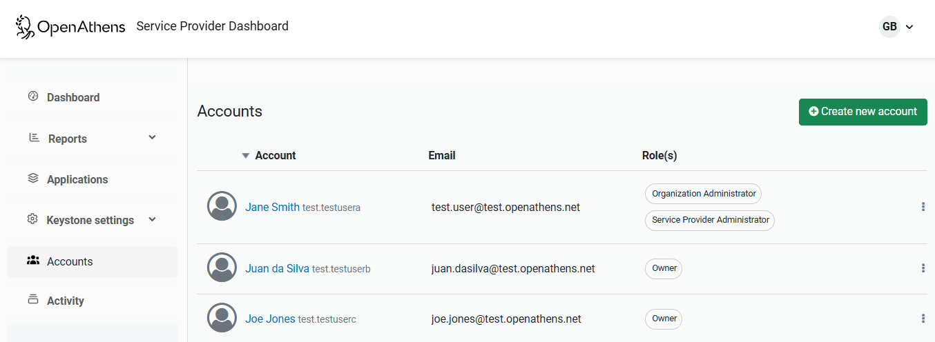 List of user accounts. Accounts are displayed in a table that shows each user's name, email address and roles. There is also a button labeled 'Create new account'.