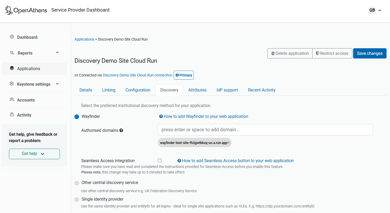 'Discovery' tab of an application. The setting 'Wayfinder' is turned on. Following this is a text field called 'Authorized domains'. There is also a link called 'How to add Wayfinder to your web application'. At the top of the page is a button labeled 'Save changes'.