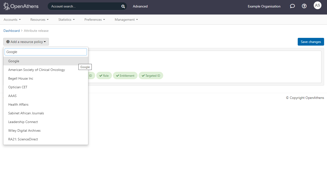 Attribute release page. The drop-down list 'Add a resource policy' is expanded, showing a list of resources that match the search term 'Google'.