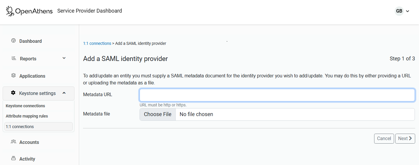 Page titled 'Add a SAML identity provider'. Advisory text reads, 'To add or update an entity you must supply a SAML metadata document for the identity provider you wish to add or update. You may do this by either providing a URL or uploading the metadata as a file.' Following this are two fields, a text field labeled 'Metadata URL' and a file upload fields labeled 'Metadata file'. There are also buttons labeled 'Next' and 'Cancel'.