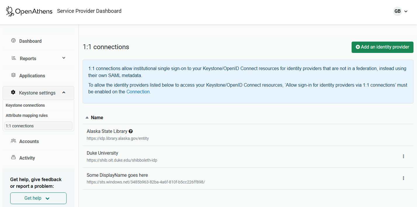 1-to-1 connection page, showing a list of existing connections. There is also a button labeled 'Add an identity provider'.