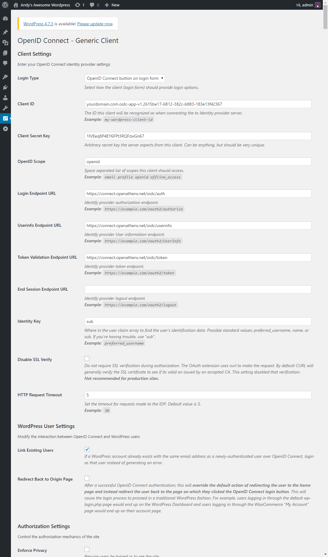Screenshot. WordPress configuration page titled 'OpenID Connect - Generic Client'. It includes fields called 'Login type', 'Client ID', 'Client secret key', 'OpenID scope', 'Login endpoint URL', 'Userinfo endpoint URL', 'Token validation endpoint URL', 'End session endpoint URL', 'Identity key', 'Disable SSL verify' and 'HTTP request timeout'.