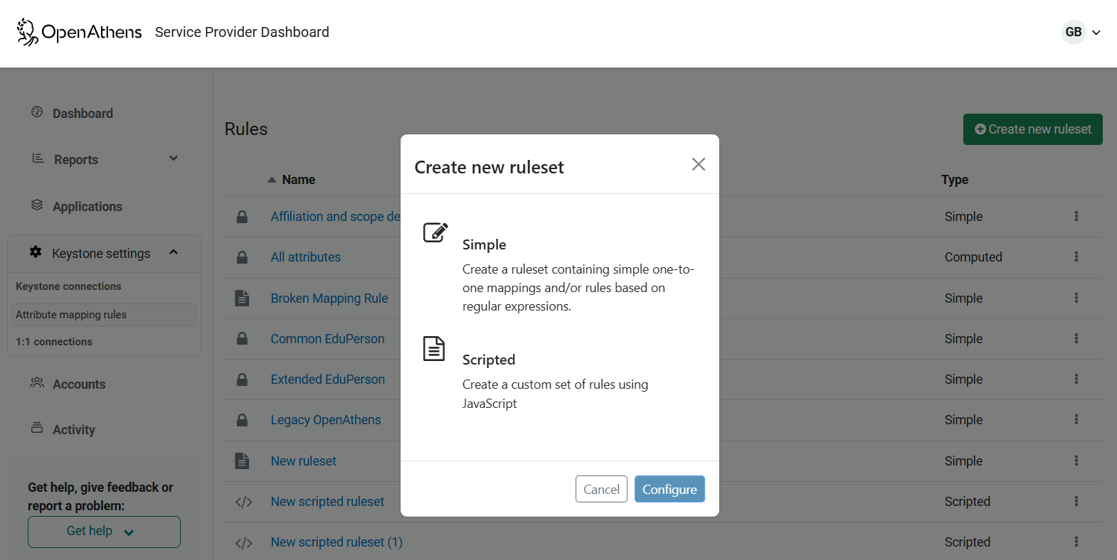Dialog box titled 'Create new ruleset', floating above the list of current rulesets. It has a choice of two options, 'Simple - Create a ruleset containing simple one-to-one mappings or rules based on regular expressions' and 'Scripted - Create a custom set of rules using JavaScript'. Following these options are buttons labeled 'Configure' and 'Cancel'.