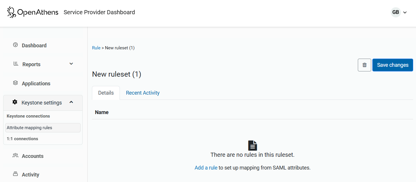 New, blank ruleset. Under the Details tab, advisory text reads 'There are no rules in this ruleset. Add a rule to set up mapping from SAML attributes.' Near the top of the page is a button labeled 'Save changes'.