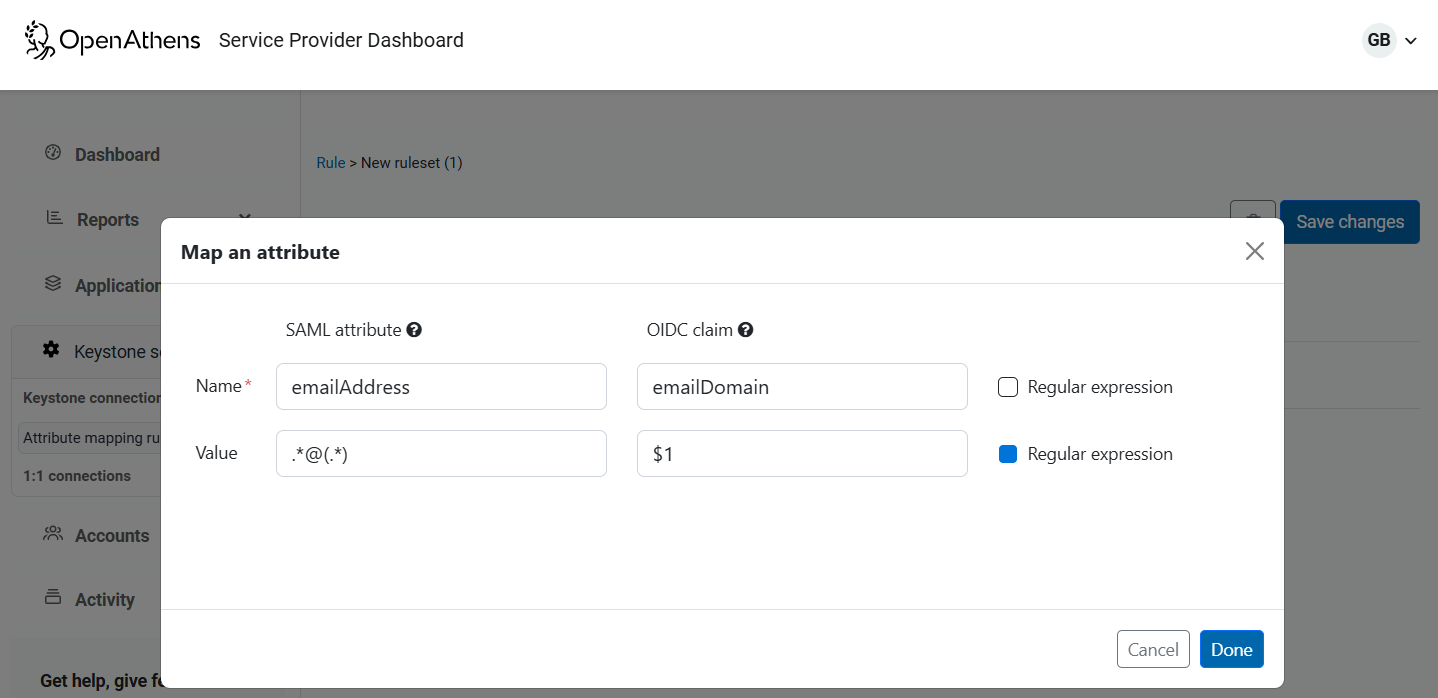 Dialog box titled 'Map an attribute'. It contains fields for providing a name and value for both a 'SAML attribute' and an 'OIDC claim'. There are also options to mark both name and value as being a regular expression. At the bottom of the dialog are buttons labeled 'Done' and 'Cancel'.