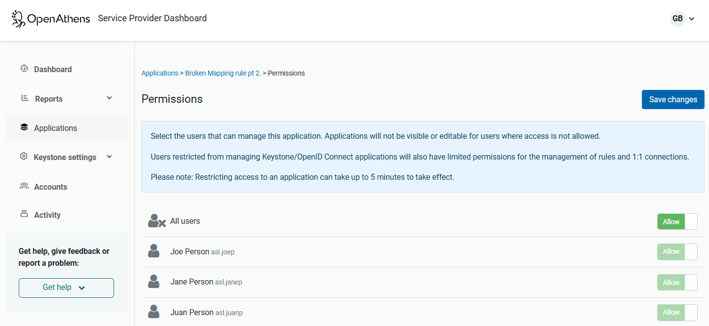 List of individual users and the option to allow or deny them permissions, together with an option to set permissions for all users.