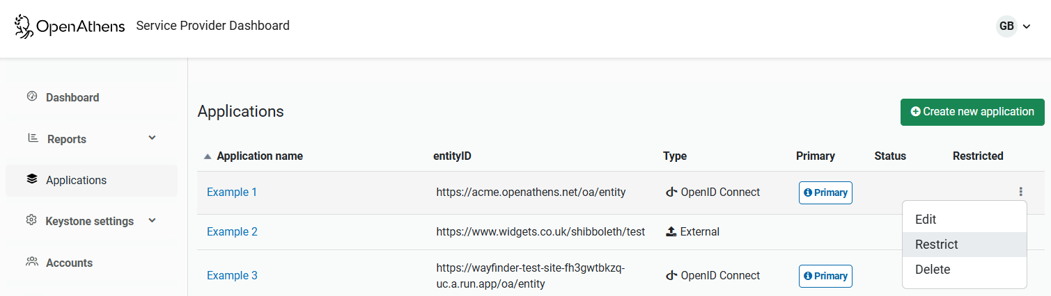 List of applications. The three-dots menu for an application called 'Example 1' has been opened, showing the options 'Edit', 'Restrict' and 'Delete'.