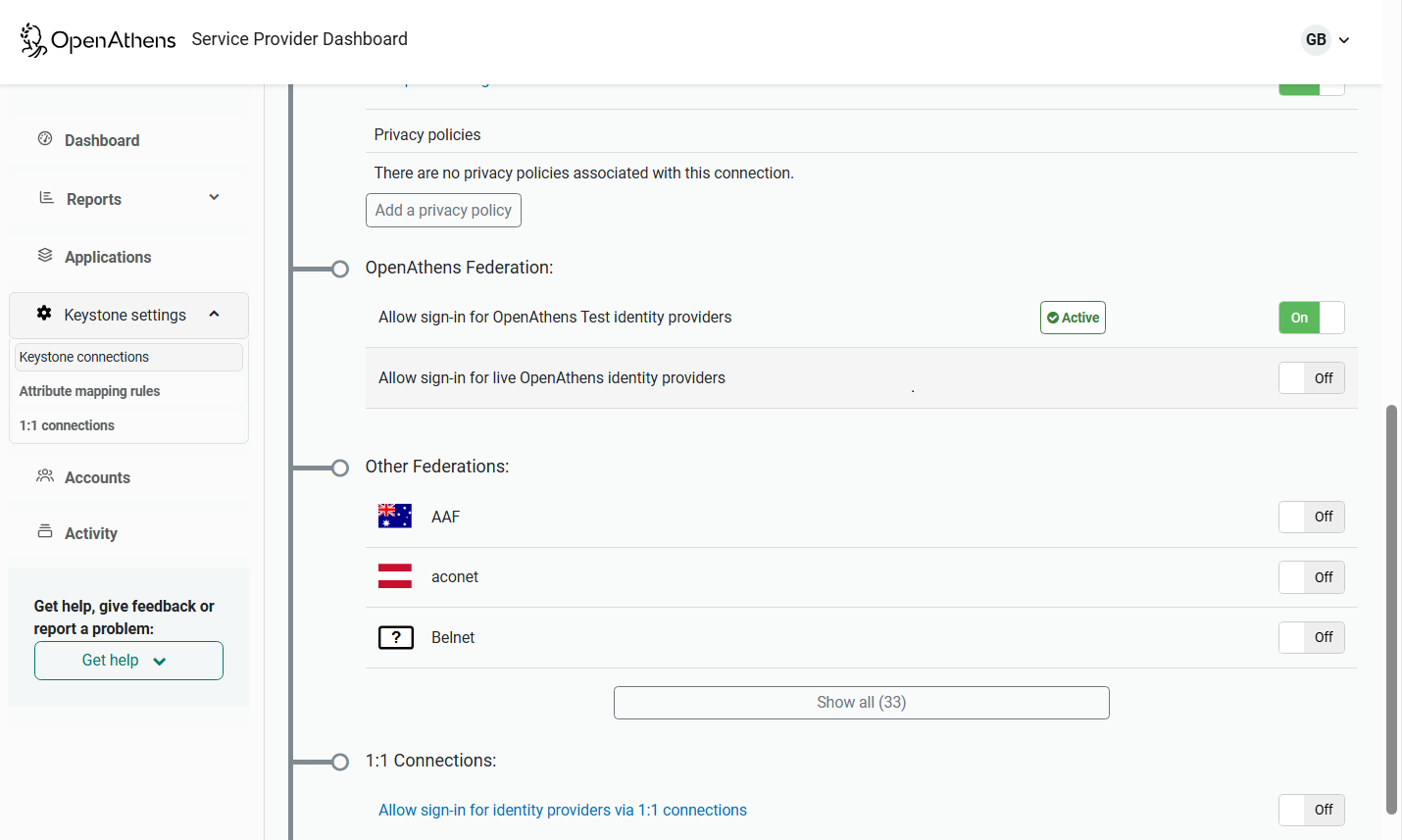 Lower part of the connection details page. There are several options that can each be set to 'on' or 'off' - 'Allow sign-in for OpenAthens Test identity providers' 'Allow sign-in for live OpenAthens identity providers', and a list of 'other federations' identified by name.