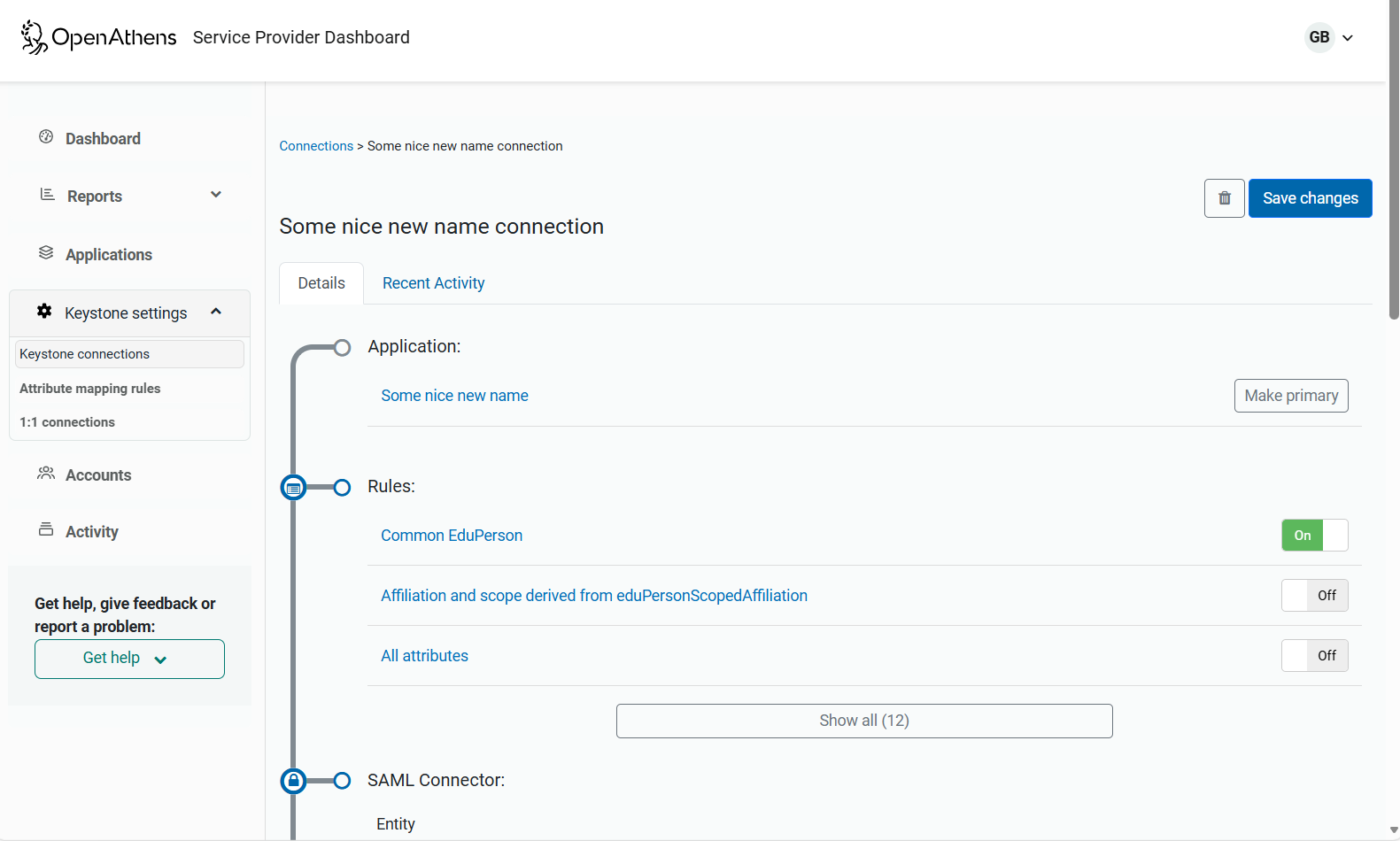 Editable connection details, under Keystone settings - Keystone connections.