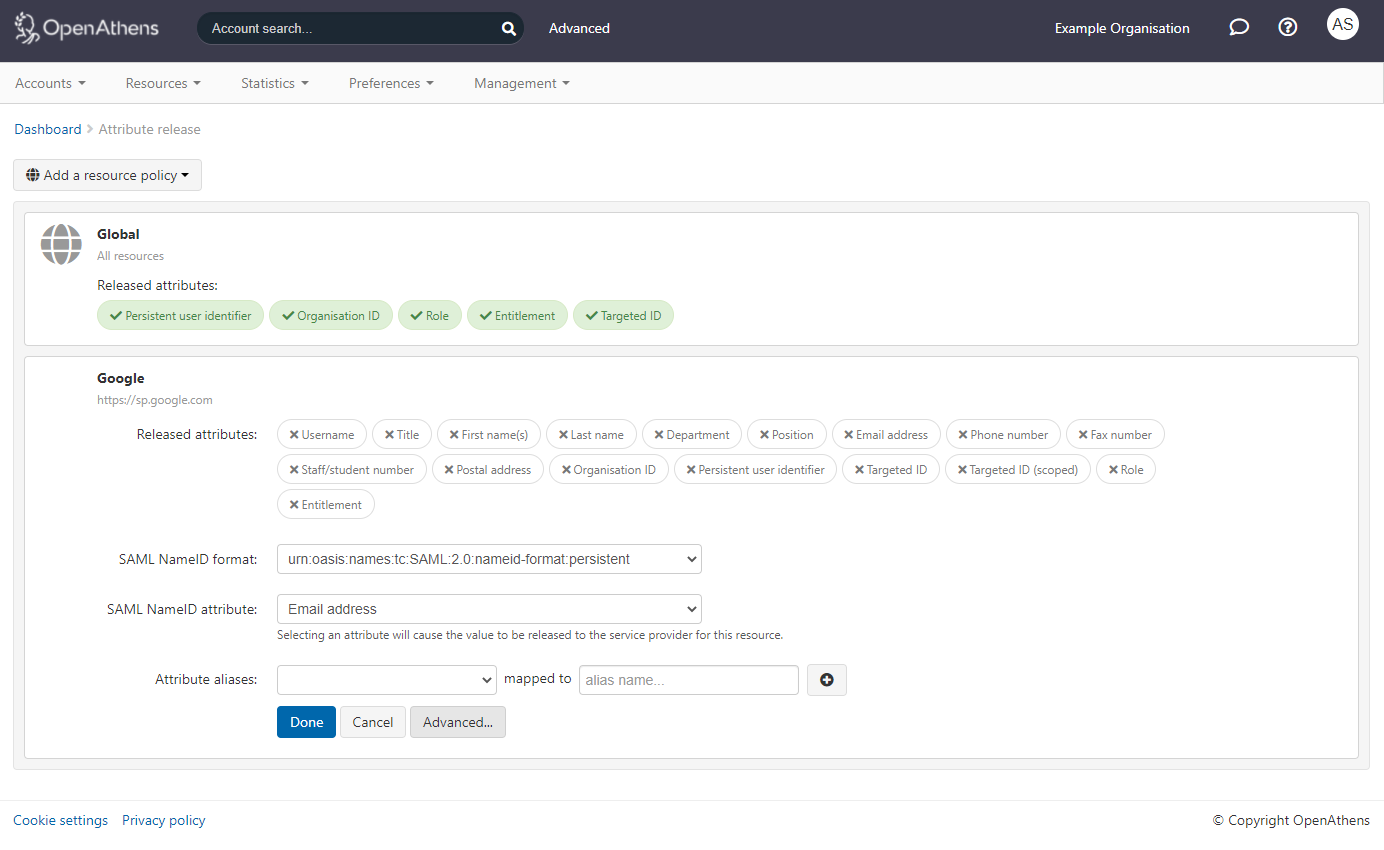 Details of a release policy called 'Google'. The policy releases no attributes. Other settings are 'SAML NameID format', 'SAML NameID attribute', and attribute alias mappings. Following these settings are buttons labeled 'Done', 'Cancel' and 'Advanced'.