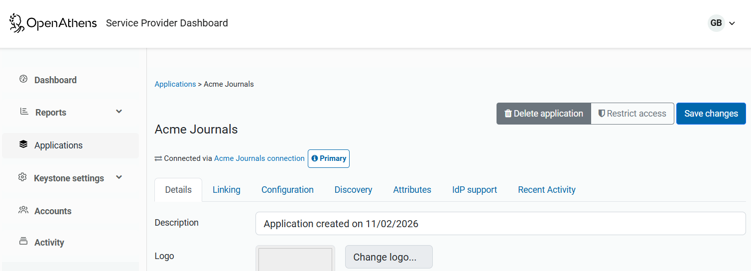 Details tab of an application called 'Acme Journals'. At the top right of the page are three buttons - 'Delete application', 'Restrict access' and 'Save changes'.