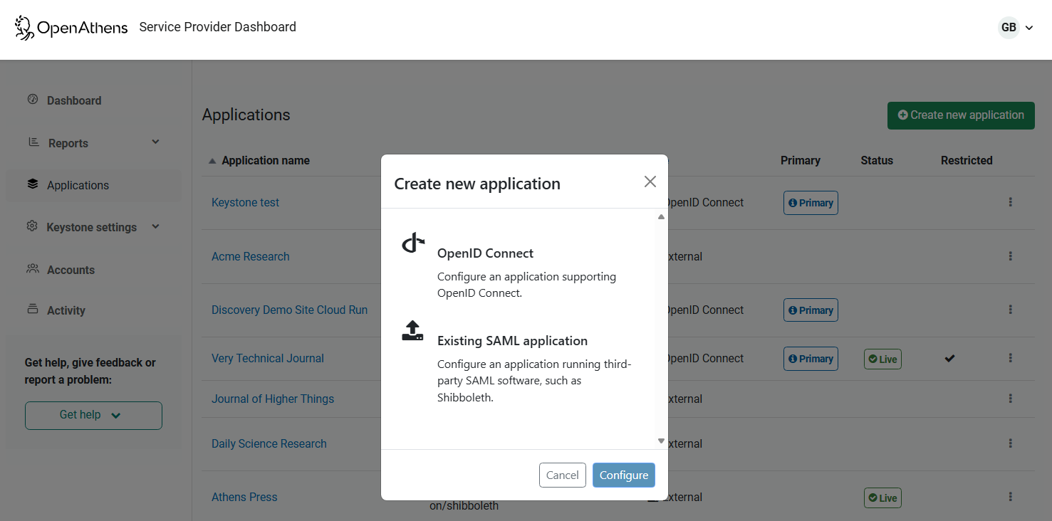 Pop-up window titled 'Create new application'. It shows two options, 'OpenID Connect - Configure an application supporting OpenID Connect' and 'Existing SAML application - Configure an application running third-party SAML software, such as Shibboleth'. At the bottom of the window are buttons labeled 'Configure' and 'Cancel'.