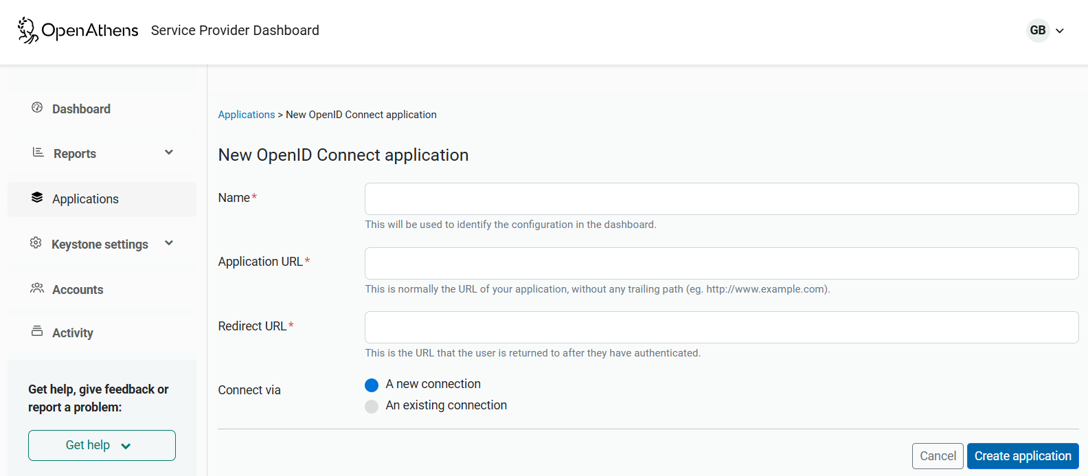 Form titled 'New OpenID Connect application'. It has three input fields, 'Name', 'Application URL' and 'Redirect URL', plus the option to connect via 'a new connection' or 'an existing connection'. Following the form are buttons labeled 'OK' and 'Cancel'.
