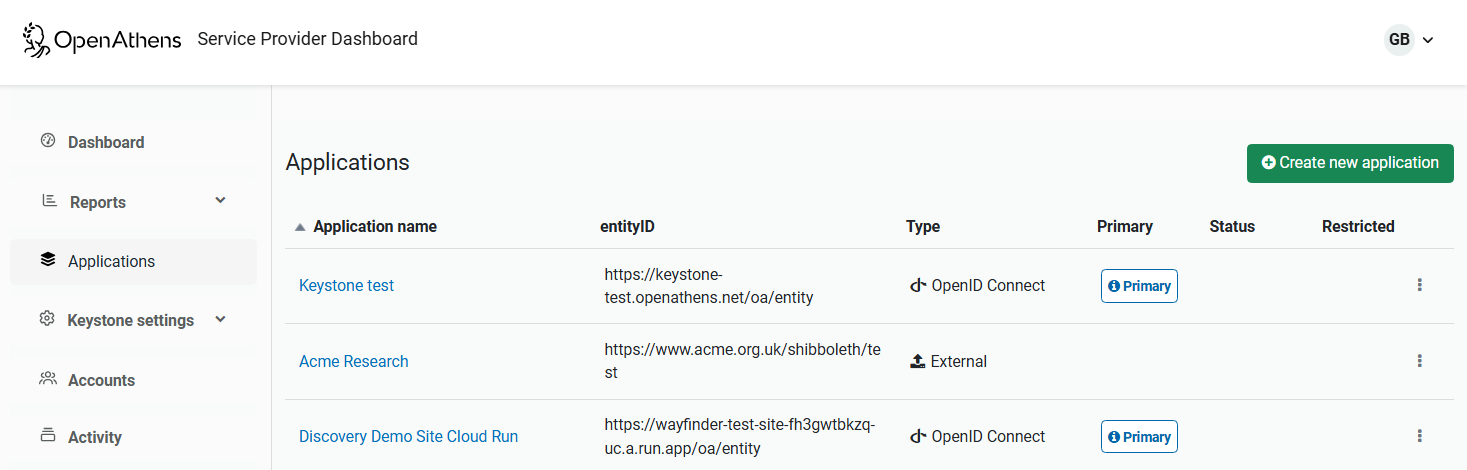 Main Applications page, showing a list of current applications and a button labeled 'Create new application'.