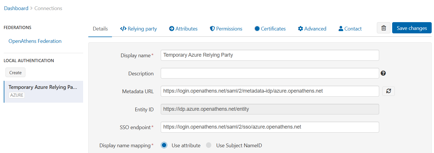Details of a connector called 'Temporary Azure Relying Party'. The settings of the connector are divided into several tabs - 'Details' (the default), 'Relying party', 'Attributes', 'Permissions', 'Certificates', 'Advanced' and 'Contact'. Fields shown in the default Details tab include 'Display name', 'Description', 'Metadata URL', 'Entity ID' and 'SSO endpoint'. There are also buttons to 'Save changes' or to delete the connector.