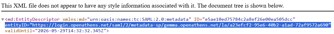 Top part of the XML metadata file. It shows an XML element called 'EntityDescriptor', the first element in the file, which includes the attribute 'entityID'. The value of 'entityID' is highlighted.