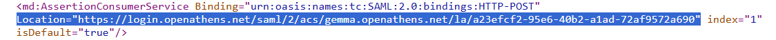 Part of the metadata file, showing an XML element called 'AssertionConsumerService'. This element has an attribute called 'Location', the value of which is a URL. The 'Location' attribute is highlighted.