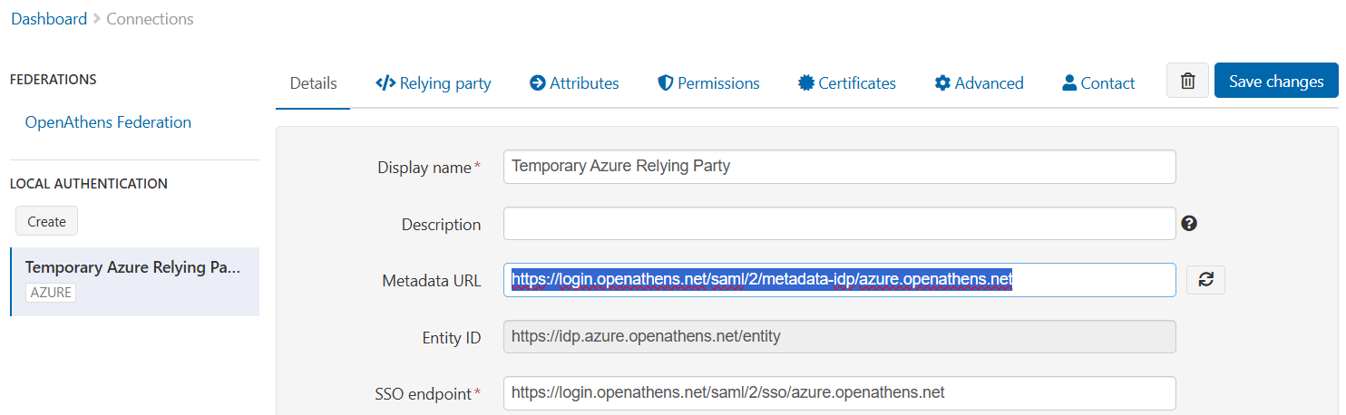Details tab of the connector 'Temporary Azure Relying Party. The 'Metadata URL' field is highlighted.